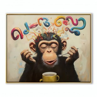 Caffeine Muse: Fantastyczna małpka pijąca kawę z kolorowymi, abstrakcyjnymi literami – zabawny obraz olejny, wyjątkowa dekoracja ścienna do nowoczesnych przestrzeni mieszkalnych