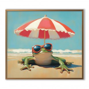 Chill Frog: Zabawna żaba na plaży w okularach przeciwsłonecznych i pasiastym parasolu – zabawny obraz olejny w stylu nadmorskim, radosna sztuka ścienna do salonu i przestrzeni w stylu plażowym
