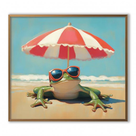 Chill Frog: Zabawna żaba na plaży w okularach przeciwsłonecznych i pasiastym parasolu – zabawny obraz olejny w stylu nadmorskim, radosna sztuka ścienna do salonu i przestrzeni w stylu plażowym