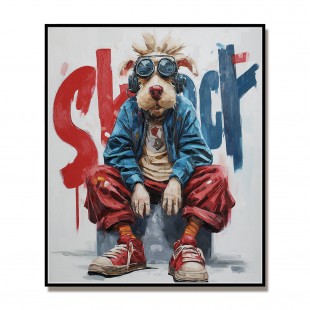 Chill Mode – obraz olejny z psem w stylu pop-art, miejska sztuka ścienna ze zwierzętami w stylu ulicznym do nowoczesnych wnętrz