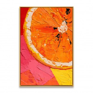 Citrus Burst — obraz olejny z teksturą 3D przedstawiający plaster pomarańczy, kolorowa abstrakcyjna sztuka ścienna do kuchni