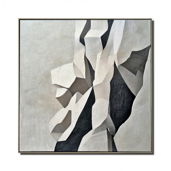 Geometric Grace: Geometryczna abstrakcyjna sztuka ścienna w kolorze czarnym, białym i szarym – teksturowana, minimalistyczna dekoracja do nowoczesnych wnętrz