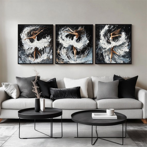 Grace in Motion: Tryptyk baletowy, 3 – Panel abstrakcyjny: Tancerz i rozprysk wody, tryptyk artystyczny
