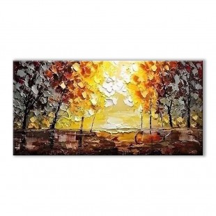 Impasto Oil Painting: Złoty krajobraz zachodu słońca, jesienne drzewa, sztuka ścienna