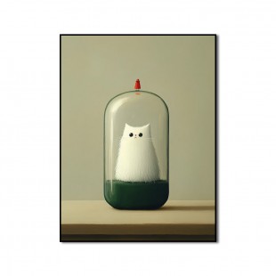 Kot w Kapsule Czasu – Surrealistyczny, minimalistyczny kot w szklanej kopule, konceptualny wydruk artystyczny ze zwierzętami
