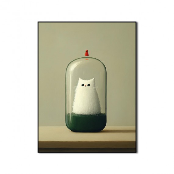 Kot w Kapsule Czasu – Surrealistyczny, minimalistyczny kot w szklanej kopule, konceptualny wydruk artystyczny ze zwierzętami