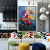 „Midnight Bloom” – obraz olejny z motywem kwiatów w stylu impasto, kolorowe maki na niebieskim tle, dekoracja ścienna do salonu