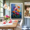 „Midnight Bloom” – obraz olejny z motywem kwiatów w stylu impasto, kolorowe maki na niebieskim tle, dekoracja ścienna do salonu