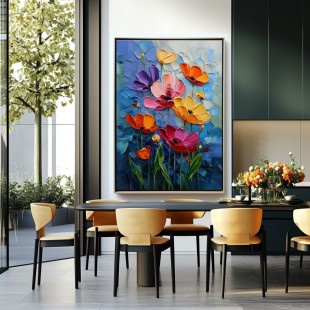 „Midnight Bloom” – obraz olejny z motywem kwiatów w stylu impasto, kolorowe maki na niebieskim tle, dekoracja ścienna do salonu