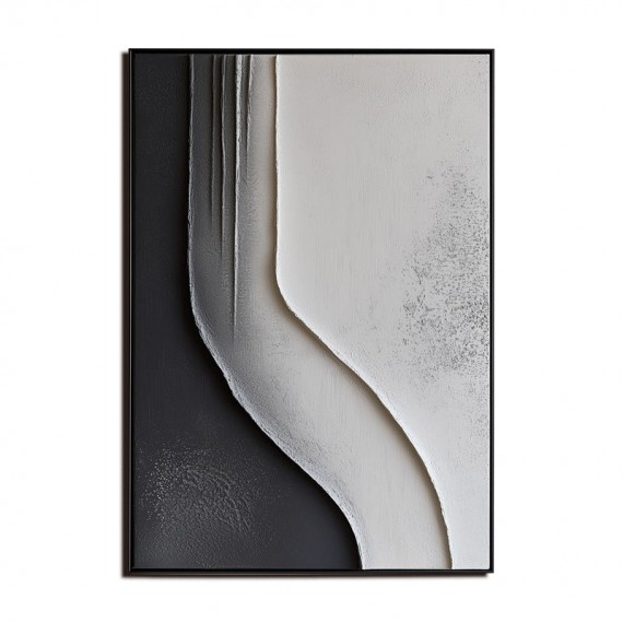 Monochromatyczna sztuka z teksturą przepływu - oprawiona w ramę, 3D, teksturowana, czarno-biała, abstrakcyjna sztuka ścienna - minimalistyczny wystrój w kształcie zakrzywionej linii