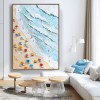 Nadbrzeżna błogość – pionowy obraz olejny z plażą w stylu impasto – oprawiona sztuka ścienna z kolorowymi parasolami i falami o fakturze, letnia dekoracja nadmorska do salonu i sypialni