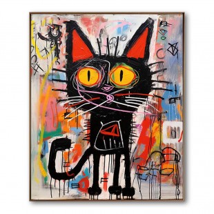 Neon Feline – Żywa sztuka graffiti z czarnym kotem, dekoracja ścienna w stylu ulicznym, nowoczesna sztuka
