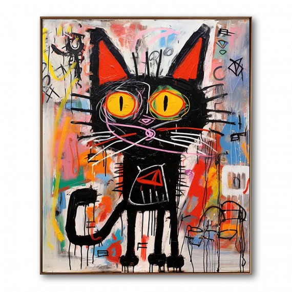 Neon Feline – Żywa sztuka graffiti z czarnym kotem, dekoracja ścienna w stylu ulicznym, nowoczesna sztuka