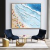 Obraz olejny „Seaside Whispers” – impasto z plażową sceną – oprawiona kwadratowa sztuka ścienna z kolorowymi parasolami i teksturowanymi falami oceanicznymi, letnia dekoracja nadmorska do salonu i sypialni