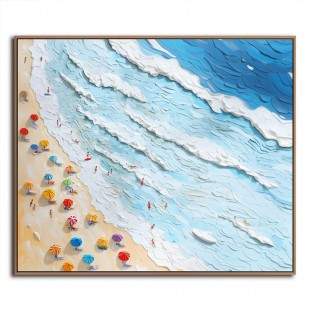 Obraz olejny „Seaside Whispers” – impasto z plażową sceną – oprawiona kwadratowa sztuka ścienna z kolorowymi parasolami i teksturowanymi falami oceanicznymi, letnia dekoracja nadmorska do salonu i sypialni