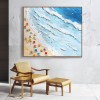 Obraz olejny „Seaside Whispers” – impasto z plażową sceną – oprawiona kwadratowa sztuka ścienna z kolorowymi parasolami i teksturowanymi falami oceanicznymi, letnia dekoracja nadmorska do salonu i sypialni