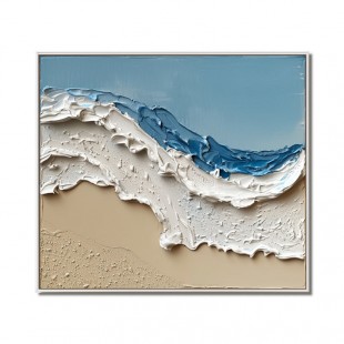 Ocean Serenity Waves: Abstrakcyjna grafika przedstawiająca fale nadmorskie w kolorze niebieskim i białym – dekoracja ścienna z teksturą impasto, stylowy akcent do nowoczesnych domów