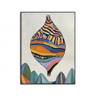 Pływający artefakt – surrealistyczna geometryczna sztuka balonowa. Fantazyjny abstrakcyjny obraz pejzażowy.