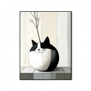 Purrcelain - Minimalistyczny obraz w wazonie z kotem Okrągły abstrakcyjny kot z suszonymi kwiatami