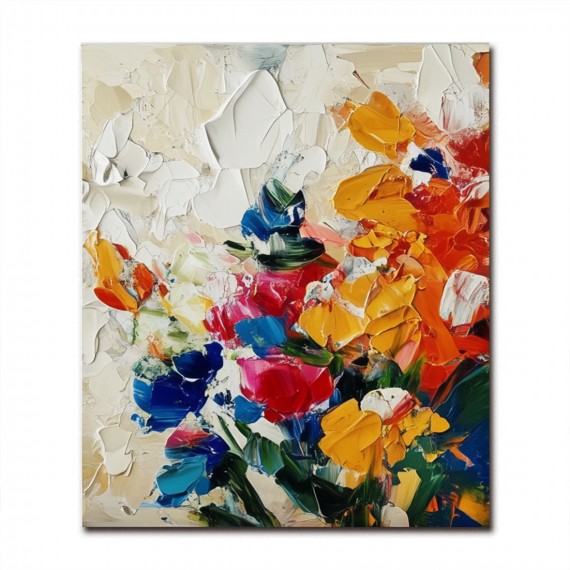 Radiant Blooms – Kolorowy, teksturowany obraz olejny z motywem kwiatowym, żywa, abstrakcyjna grafika kwiatowa do wystroju domu