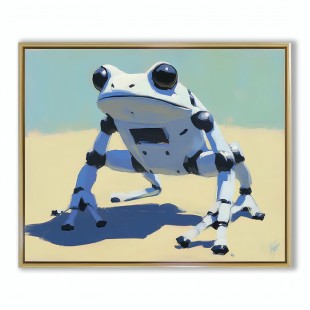 RoboFrog: Futurystyczny obraz olejny przedstawiający robota-żabę – fantazyjna sztuka ścienna inspirowana technologią, nowoczesny wystrój dla geeków i współczesnych domów