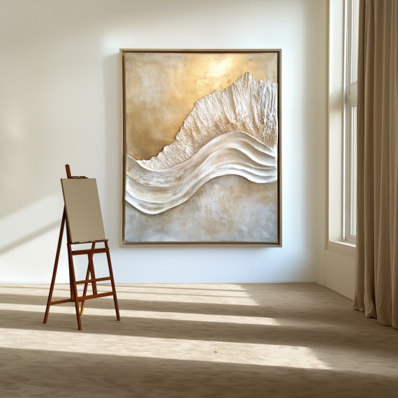 Rzeźbione światło – Teksturowana abstrakcyjna sztuka ścienna Golden Wave Canvas Wabi Sabi Pionowy wystrój