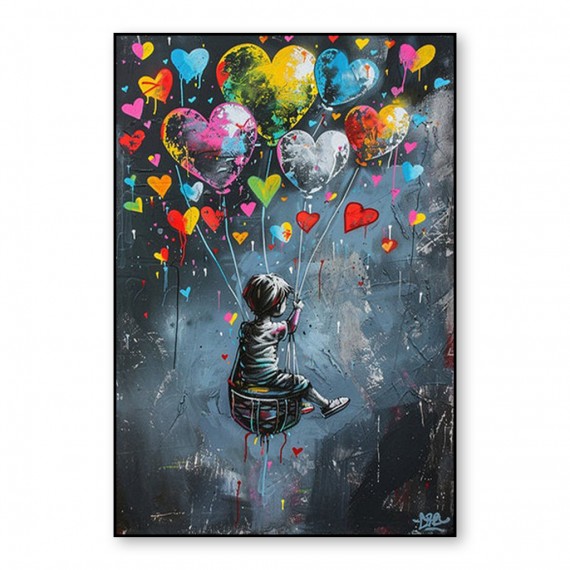 Serca na niebie — graffiti, balon, miłość, obraz olejny, sztuka ścienna w stylu street pop