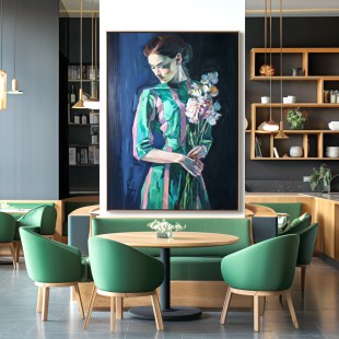 Silent Bloom – ręcznie malowany portret figuralny olejny z bukietem kwiatów