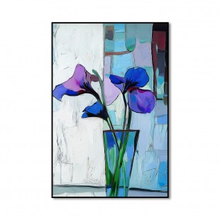 Trio in Bloom - abstrakcyjny obraz z kwiatem irysa w wazonie, nowoczesny, pionowy obraz na płótnie z kwiatami