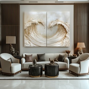 Twin Tide – Złota tekstura fali Dyptyk ścienny abstrakcyjny oceaniczny obraz na płótnie Wabi Sabi Decor