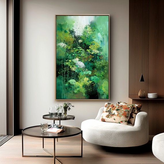 Verdant Bloom – abstrakcyjny zielony obraz botaniczny na płótnie do nowoczesnej sztuki ściennej
