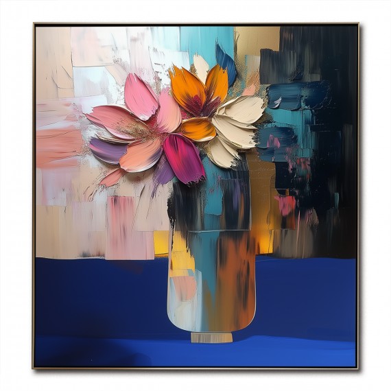 Vivid Essence-Impasto Kwiatowy Martwa Natura Olejny Obraz - Żywe, wielobarwne kwiaty w wazonie ze złotymi akcentami, oprawiona kwadratowa sztuka ścienna do salonu i sypialni