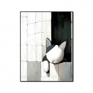 Wallflower Nap - Minimalistyczna grafika ścienna z kotem Czarno-biały kot w abstrakcyjnej przestrzeni wyłożonej kafelkami