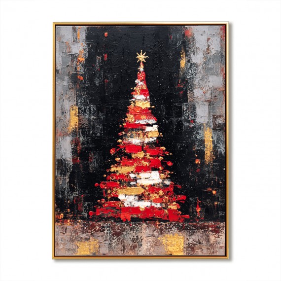 Złote drzewo Ember – abstrakcyjny obraz olejny z fakturą bożonarodzeniową